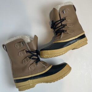 SOREL Women's Size 7 Manitou Tan/Blk Leather Snow Winter Boots Made in CANADA